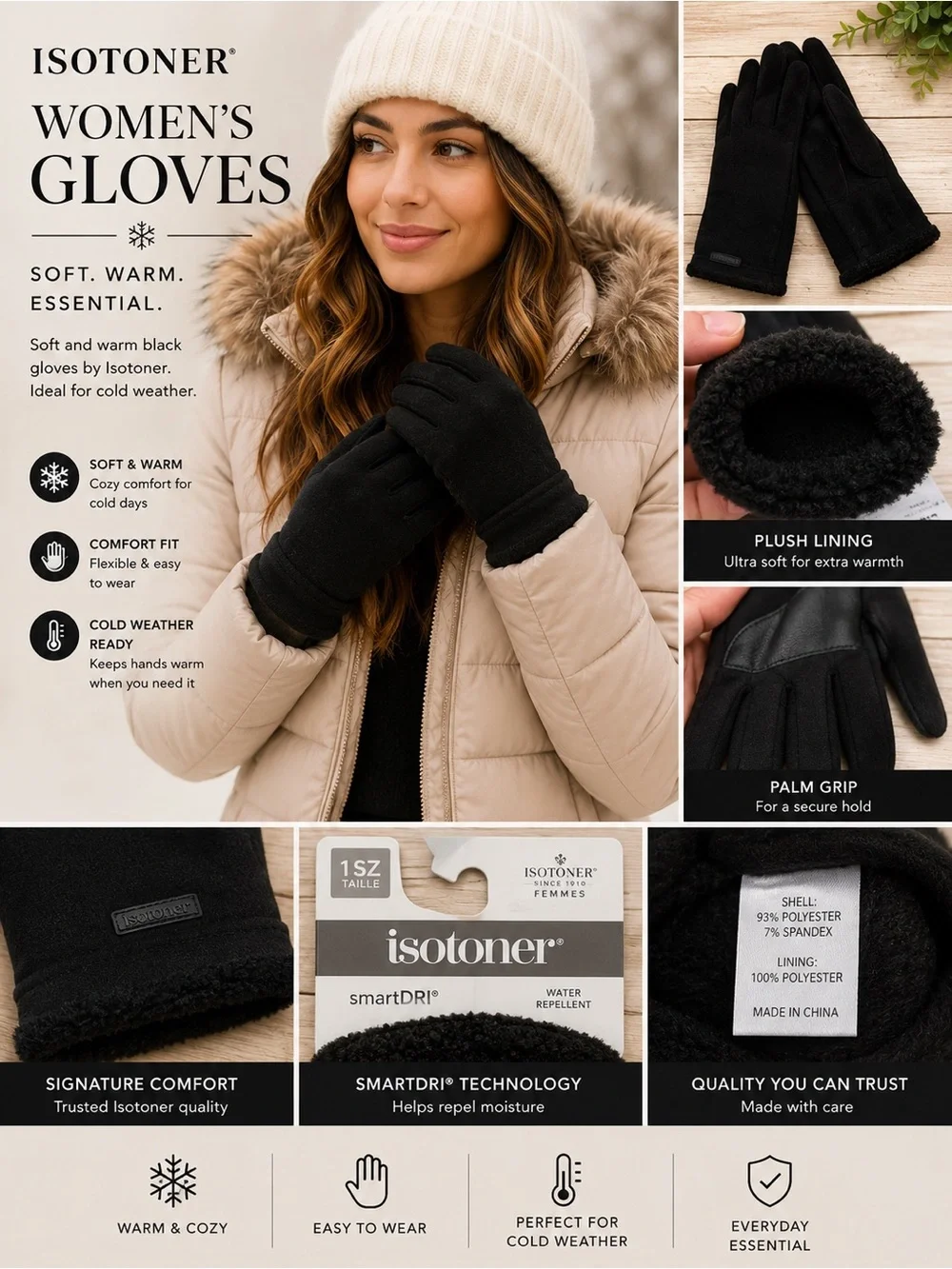 Isotoner Black Women's Gloves NEW